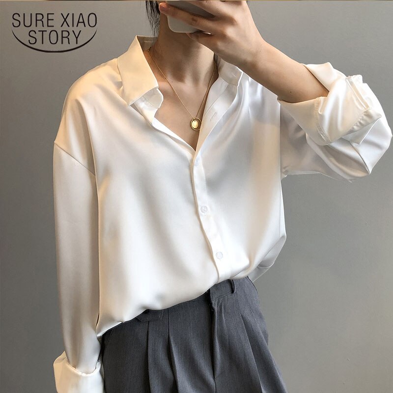 Autumn Fashion Button Up Satin Silk Shirt Vintage Blouse Women White Lady Long Sleeves Female Loose Shirts Streetwear 11355