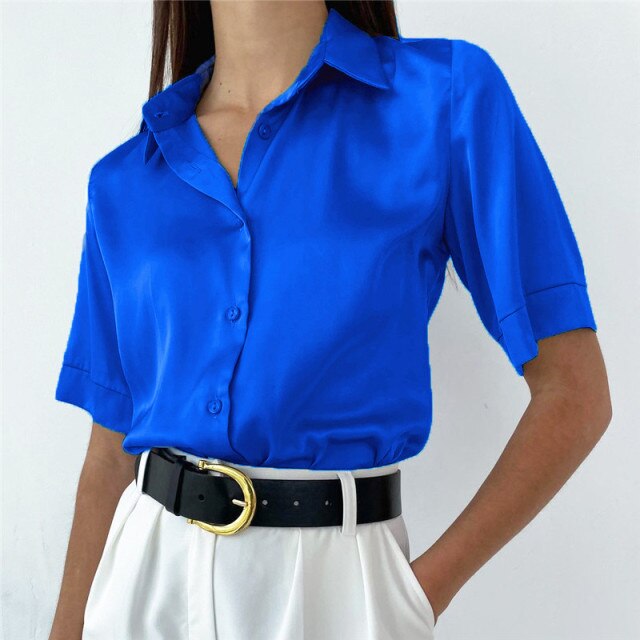 Satin Damenhemd Polokragen Büro Damenbluse Vintage Blau Grün Seidenhemd Lose Button Up Down Shirts Schwarze Mode Tops