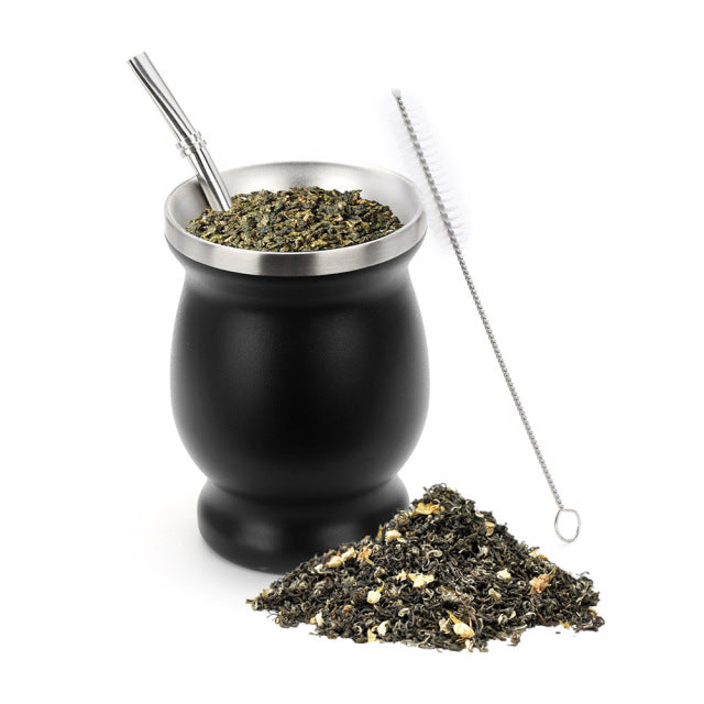 1 Set 230 ml Bombilla Set Yerba Mate Gourd Teetasse aus Edelstahl mit einem Löffel und einer Bürste Wärmeisolierung gegen Verbrühungen