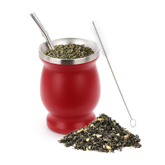 1 Set 230 ml Bombilla Set Yerba Mate Gourd Teetasse aus Edelstahl mit einem Löffel und einer Bürste Wärmeisolierung gegen Verbrühungen