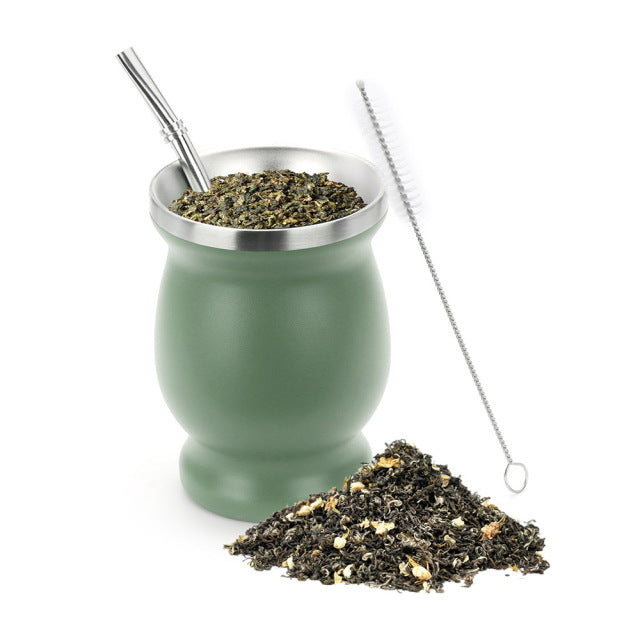 1 Set 230 ml Bombilla Set Yerba Mate Gourd Teetasse aus Edelstahl mit einem Löffel und einer Bürste Wärmeisolierung gegen Verbrühungen