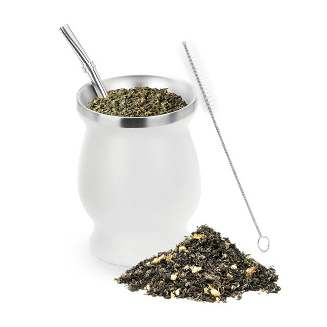 1 Set 230 ml Bombilla Set Yerba Mate Gourd Teetasse aus Edelstahl mit einem Löffel und einer Bürste Wärmeisolierung gegen Verbrühungen