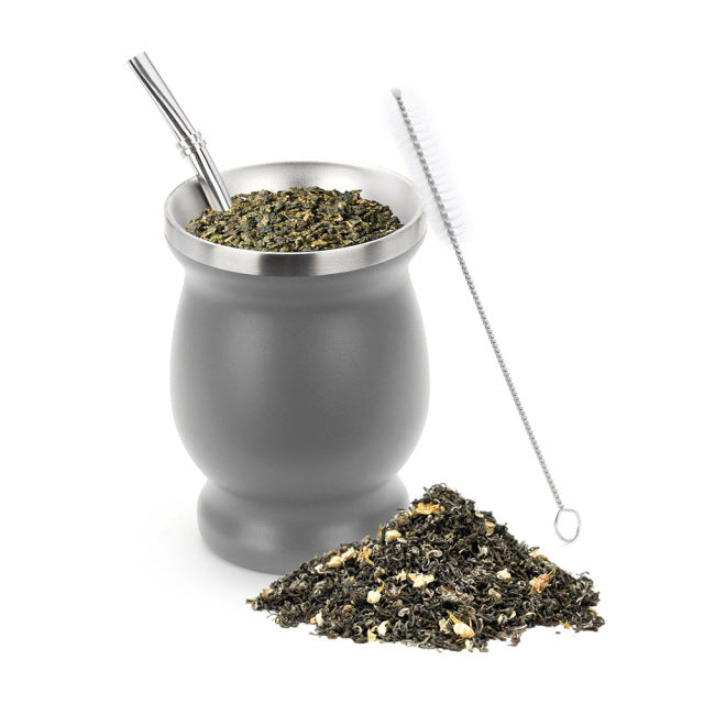 1 Juego de 230ML Bombilla Set Yerba Mate calabaza taza de té de acero inoxidable con una cuchara y cepillo aislamiento térmico Anti escaldado