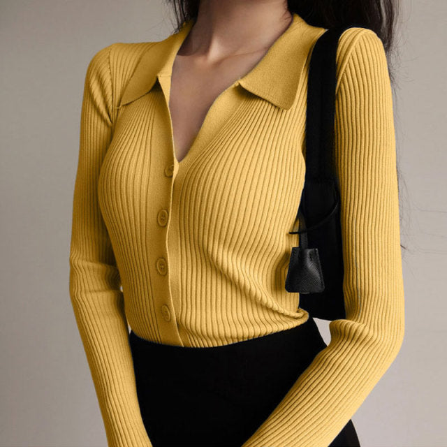 Women 2022 New Lapel Slim Slimming Tops Ladies Hollow Buttons Sexy V Neck Long Sleeve POLO Neck Knit Cardigan Sweater Women