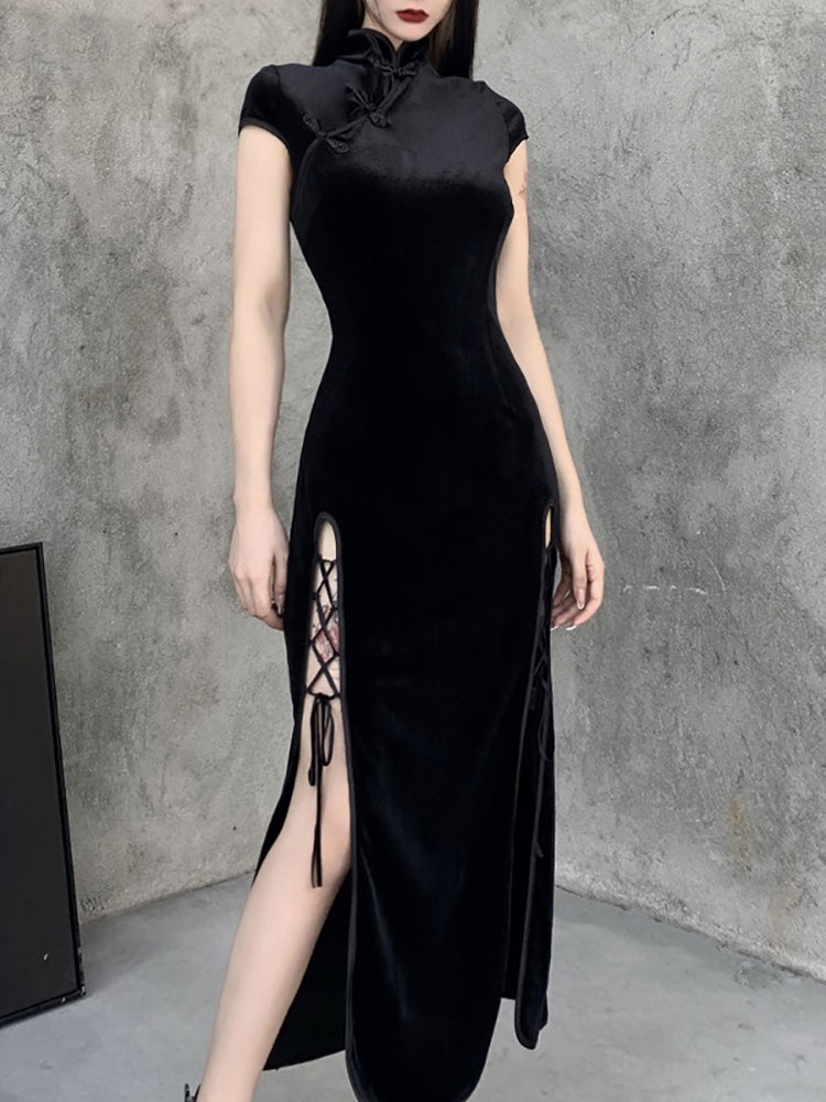 Goth Dark Romantic Gothic Samt Ästhetische Kleider Vintage Frauen Schwarze Bandage SlitHem Figurbetontes Kleid Sexy Abendgarderobe Cheongsam