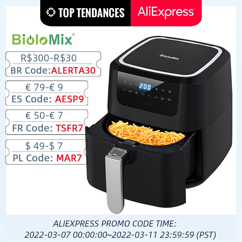 BioloMix Air Fryer One Touch Screen with 8 Cooking Functions, Nonstick double pot,5L Black Oilless Air Fryers Oven