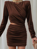 FSDA 2021 Hollow Out Bodycon Dress Mini Women Brown Autumn Winter Sexy O Neck Long Sleeve Elegant Party Dresses Black Club