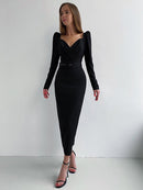 InstaHot Elegant Party Women Dress Slim V Neck Long Sleeve Mid Calf Pencil Dress 2020 Casual Office Lady Solid Red Puff Sleeve