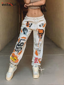 InstaHot Women Sweat Pant Harajuku Cartoon Printed Trousers Jogger 2021 Drawstring Cargo Pant Streetwear Casual Sweatpant Autumn