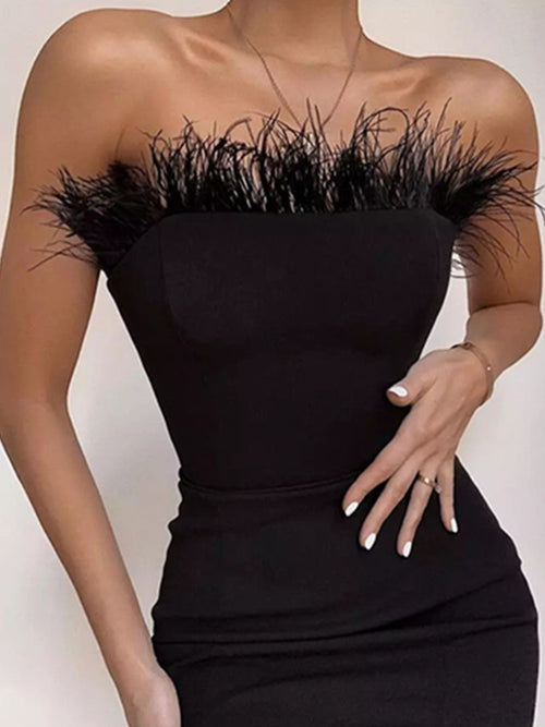 Neuer Sommer-reizvolles trägerloses rückenfreies Feder-Schwarz-Midi-Frauen-figurbetontes Verband-Kleid 2022 Designer-Mode-Partei-Verein-Kleid Vestido