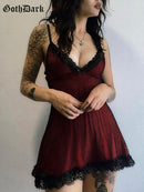 Goth Dark Lace Patchwork Mall Gothic Women Dresses Grunge Aesthetic Punk A-Line Alt Clothes Emo Sexy Vneck Sling Partywear Dress