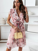 Chiffon Long Sleeve Floral Print Dress Women 2021 Autumn Casual Deep V Neck Green Pleated Office Dresses For Women Robe Femme