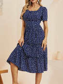 Summer Love Pattern Dot Print Dress Women 2022 New Casual Short Sleeve Square Collar Ruffles Medium Long Chiffon Dress