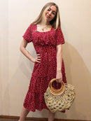 Summer Love Pattern Dot Print Dress Women 2022 New Casual Short Sleeve Square Collar Ruffles Medium Long Chiffon Dress