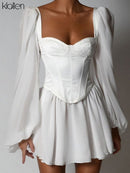 KLALIEN Women Fashion Elegant High Waist Slim Solid White Office Lady A-Line Mini Dress 2022 Spring Autumn New Women Party Dress