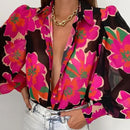 Primavera moda mujer camisa linterna manga larga Casual Color sólido impreso botones delgados cuello en V blusa conmutar High Street camisas