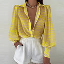 Primavera moda mujer camisa linterna manga larga Casual Color sólido impreso botones delgados cuello en V blusa conmutar High Street camisas