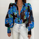 Primavera moda mujer camisa linterna manga larga Casual Color sólido impreso botones delgados cuello en V blusa conmutar High Street camisas