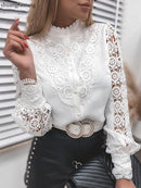 Frauen Sexy Spitze Patchwork aushöhlen Hemdbluse Langarm Oansatz Mesh Design Tops 2022 Frühlings-weiße Vintage-Knopfhemden