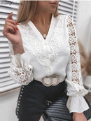Frauen Sexy Spitze Patchwork aushöhlen Hemdbluse Langarm Oansatz Mesh Design Tops 2022 Frühlings-weiße Vintage-Knopfhemden