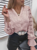Frauen Sexy Spitze Patchwork aushöhlen Hemdbluse Langarm Oansatz Mesh Design Tops 2022 Frühlings-weiße Vintage-Knopfhemden