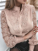 Frauen Sexy Spitze Patchwork aushöhlen Hemdbluse Langarm Oansatz Mesh Design Tops 2022 Frühlings-weiße Vintage-Knopfhemden