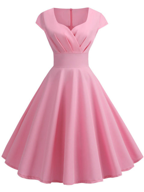 Rosa Sommerkleid Damen V-Ausschnitt Big Swing Vintage Kleid Robe Femme Elegant Retro Pin Up Party Büro Midi Kleider