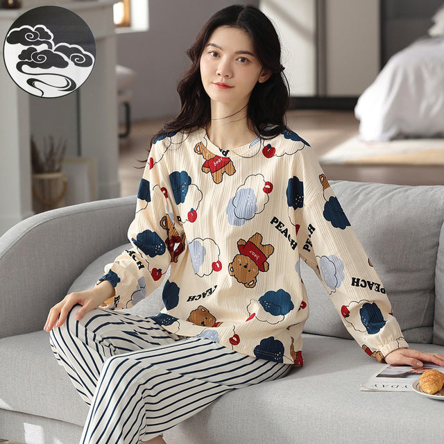 Frühling Herbst Damen Schlaf Lounge Pyjama langärmlig Frau Pyjama Set Cartoon Pyjama Baumwolle Nachtwäsche ML XL XXL XXXL Mode