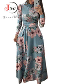 Women Summer Long Dress 2022 Casual Long Sleeve Boho Floral Print Maxi Dress Turtleneck Bandage Elegant Party Dresses Vestidos