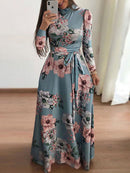 Women Summer Long Dress 2022 Casual Long Sleeve Boho Floral Print Maxi Dress Turtleneck Bandage Elegant Party Dresses Vestidos