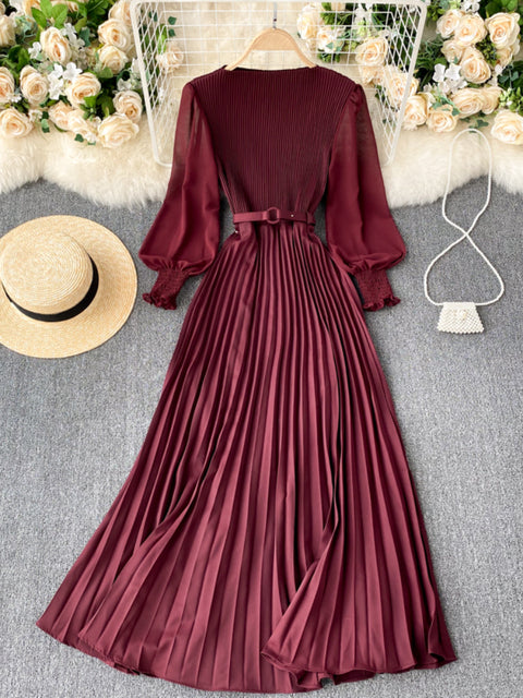 New 2021 Women Elegant Maxi Dress Spring Summer Patchwork Puff Long Sleeve Pleated Muslim Long Dresses Ladies Party Dress