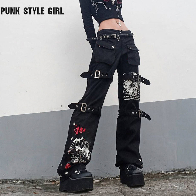 Pantalones góticos Emo Alt Cargo Techwear Hippie Baggy Jeans Mom Goth Punk pantalones vaqueros negros Cyber ​​Y2k pantalones académicos ropa oscura
