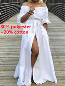 Damen Kleid 2022 Celmia Sommer High Split Weiß Langes Sommerkleid Sexy Hohe Taille Maxi Roben Dreiviertel Ärmel Party Vestidos