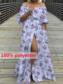 Damen Kleid 2022 Celmia Sommer High Split Weiß Langes Sommerkleid Sexy Hohe Taille Maxi Roben Dreiviertel Ärmel Party Vestidos