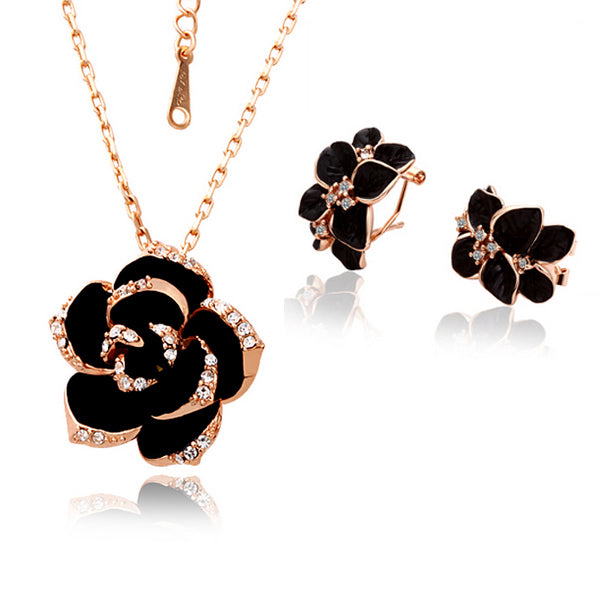 Conjunto de joyería de esmalte de flor rosa a la moda, conjunto de joyería nupcial con pintura negra de Color oro rosa para mujer, boda 82606