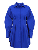 Mnealways18 Spring Summer Bodycon Dress Women Khaki Long Sleeve Pleated Shirt Dress Office Ladies Solid Lapel Casual Mini Dresss