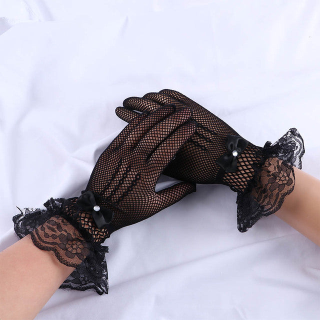Elegant Ladies Short Lace Gloves New Sheer Fish Net Black White Prom Party Female&