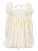 Mnealways18, vestido de fiesta con mangas abullonadas para mujer, vestido de noche elegante con cuello cuadrado, vestido corto de satén Beige, vestidos plisados ​​para mujer