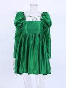 Mnealways18, vestido de fiesta con mangas abullonadas para mujer, vestido de noche elegante con cuello cuadrado, vestido corto de satén Beige, vestidos plisados ​​para mujer