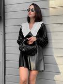 Mnealways18 Patchwork Women Leather Dress With Peter Pan Collar High Waist Autumn Winter Dress Elegant Ladies Black Dress Frill