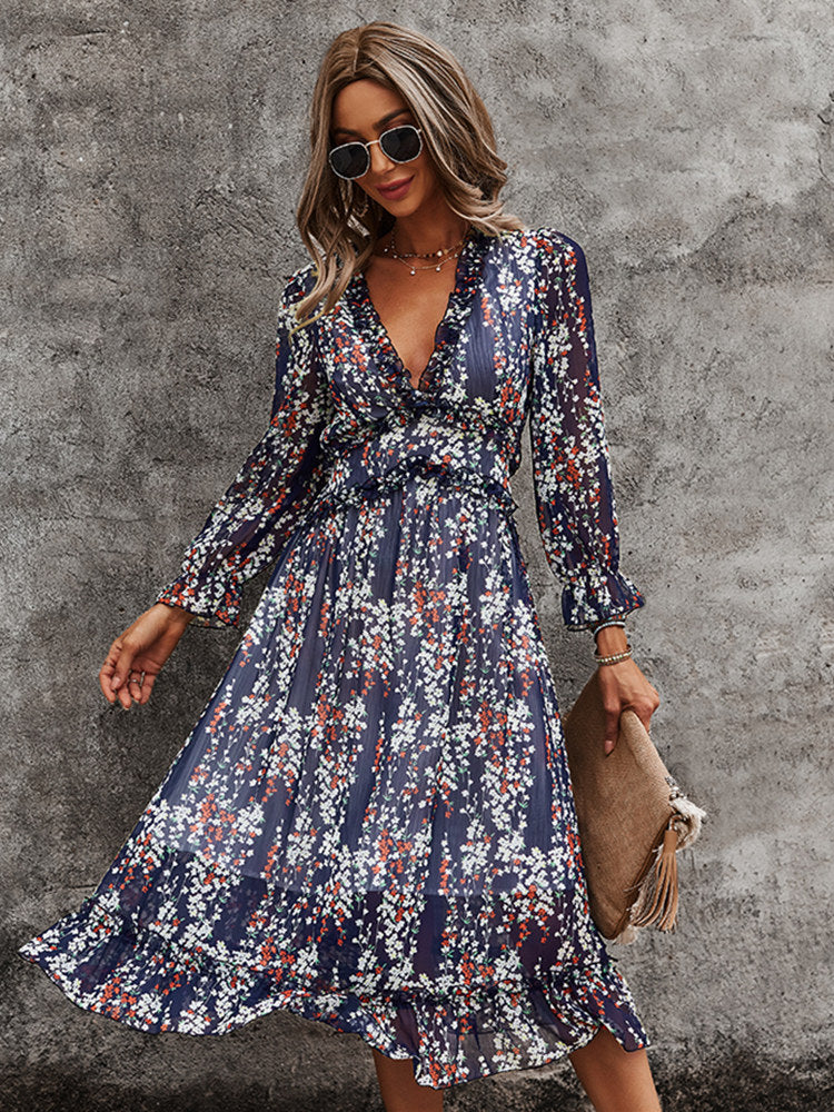 Vestido Sexy con escote en V y flores para mujer, novedad de 2022, vestidos estampados informales de cintura alta con manga de mariposa para mujer, vestido de gasa de verano