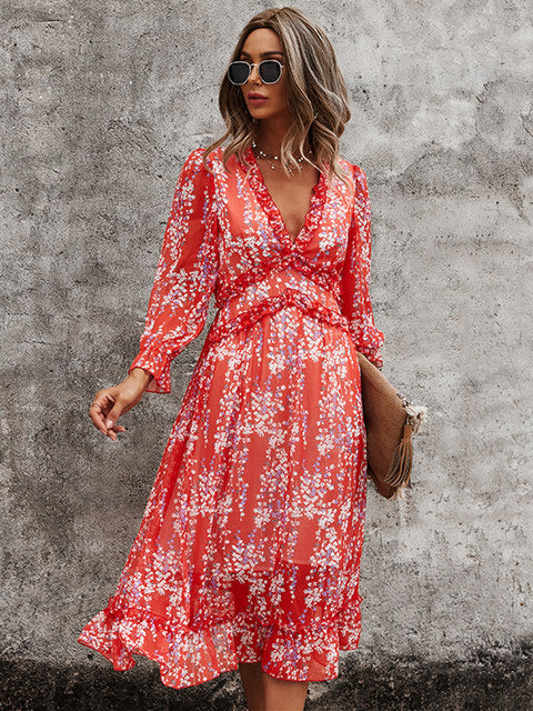 Sexy V Neck Floral Dress Ladies 2022 New Butterfly Sleeve High Waist Casual Print Dresses For Women Summer Chiffon Dress