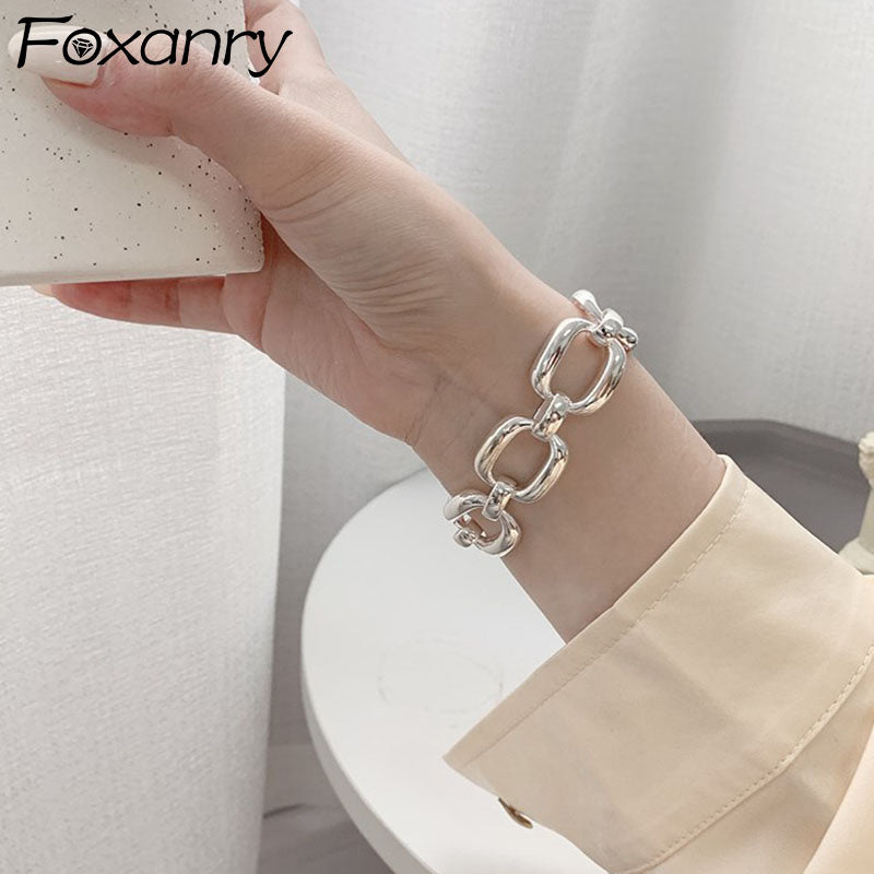 FOXANRY 925 Stamp Bracelets for Women Trend Hip Hop Vintage Thick Chain Creative Hollow Geometric Design Party Jewelry