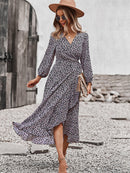 Spring Autumn Long Bandage Print Dress For Women 2022 New V Neck Full Sleeve Hight Waist Winter Maxi Dresses Ladies Elegant