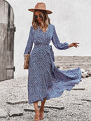 Spring Autumn Long Bandage Print Dress For Women 2022 New V Neck Full Sleeve Hight Waist Winter Maxi Dresses Ladies Elegant