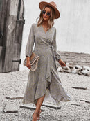 Spring Autumn Long Bandage Print Dress For Women 2022 New V Neck Full Sleeve Hight Waist Winter Maxi Dresses Ladies Elegant