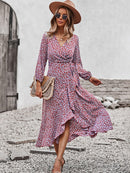 Spring Autumn Long Bandage Print Dress For Women 2022 New V Neck Full Sleeve Hight Waist Winter Maxi Dresses Ladies Elegant