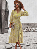 Spring Autumn Long Bandage Print Dress For Women 2022 New V Neck Full Sleeve Hight Waist Winter Maxi Dresses Ladies Elegant