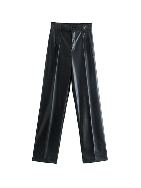 TRAF Women Fashion Faux Leather Straight Pants Vintage High Waist Zipper Fly Female Trousers Mujer