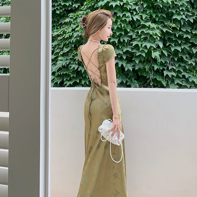 Elegant Women Green Satin Backless Mixi Dress Palace Short Sleeve Lace V-Neck Bandage Vintage Bodycon Dress Robe Summer Vestidos